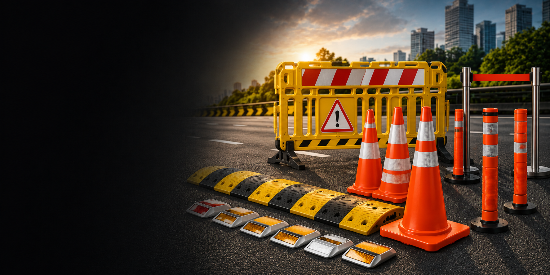 Road safety barricade, traffic cones, speed breaker, road studs and queue barriers on a highway