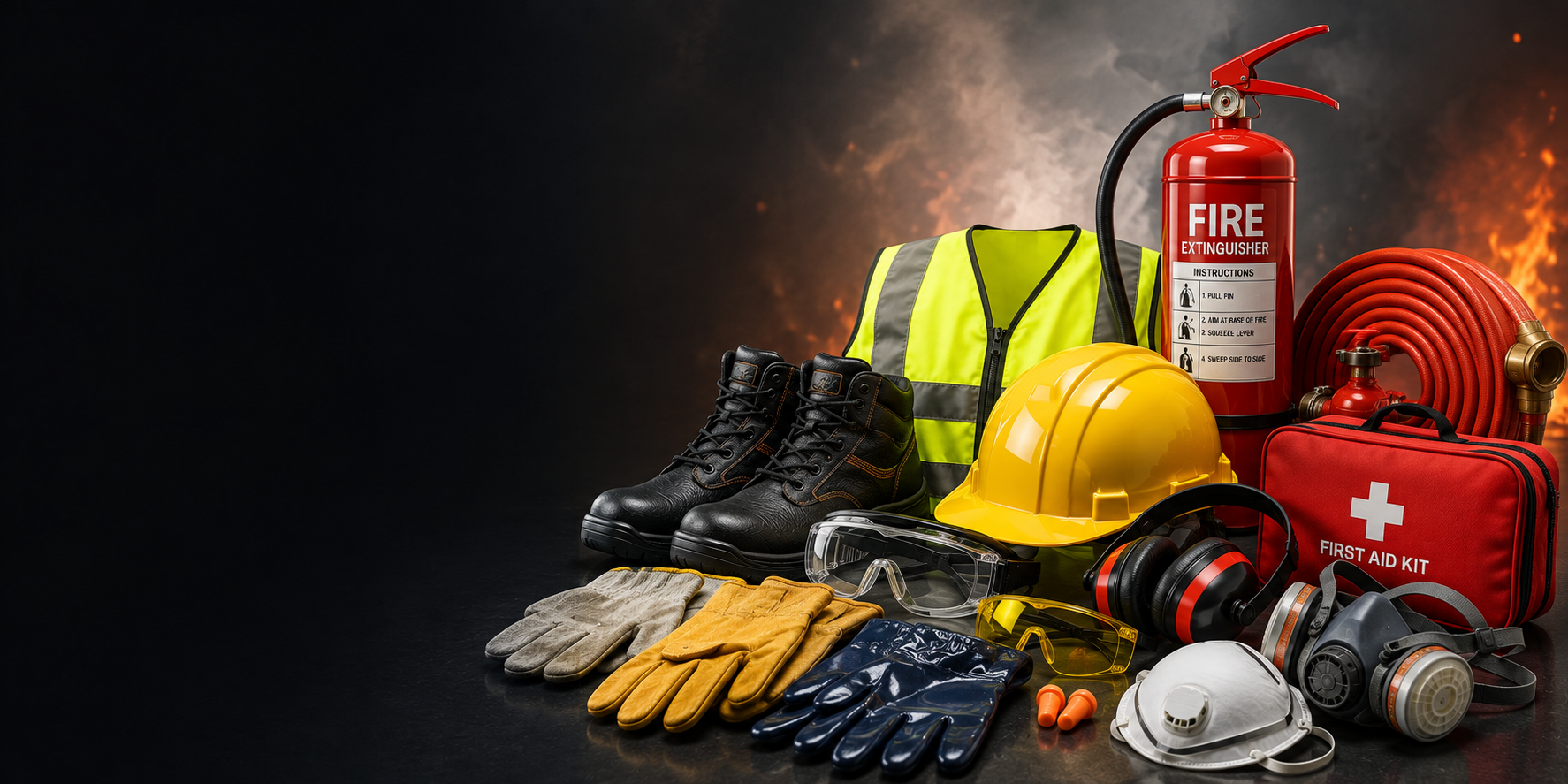 Safety helmet, hi-vis vest, safety boots, gloves, goggles, respirator, fire extinguisher and first aid kit