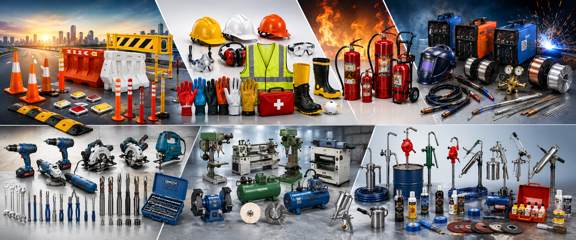Road safety cones, PPE, fire extinguishers, welding machines, power tools and industrial equipment